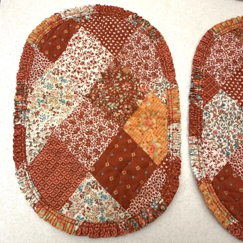 Handmade Vintage Quilted Placemats Set of 4 Patchwork Fall Colors Oval Trim